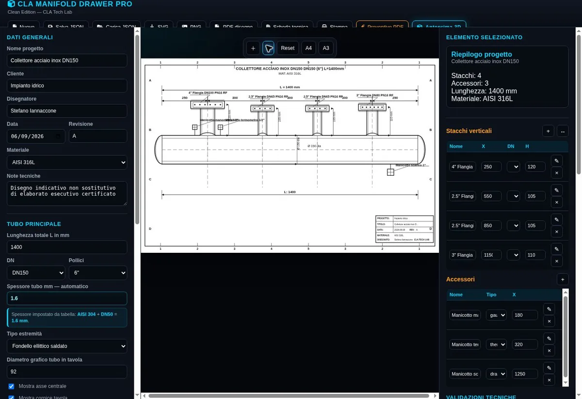Interfaccia reale di CLA Manifold Drawer PRO con collettore quotato e pannelli di configurazione